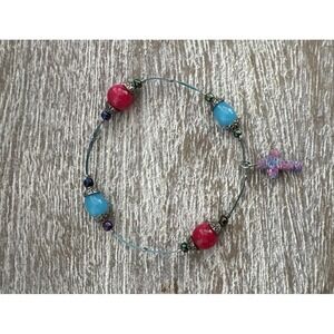 Red  & Blue Glass Bead Bracelet With Multicolor Cross Pendant Silver Tone